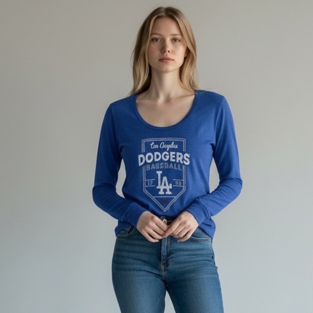 Majestic Threads Los Angeles Dodgers Womens XL Blue Tri-blend LS Scoop Tee NEW